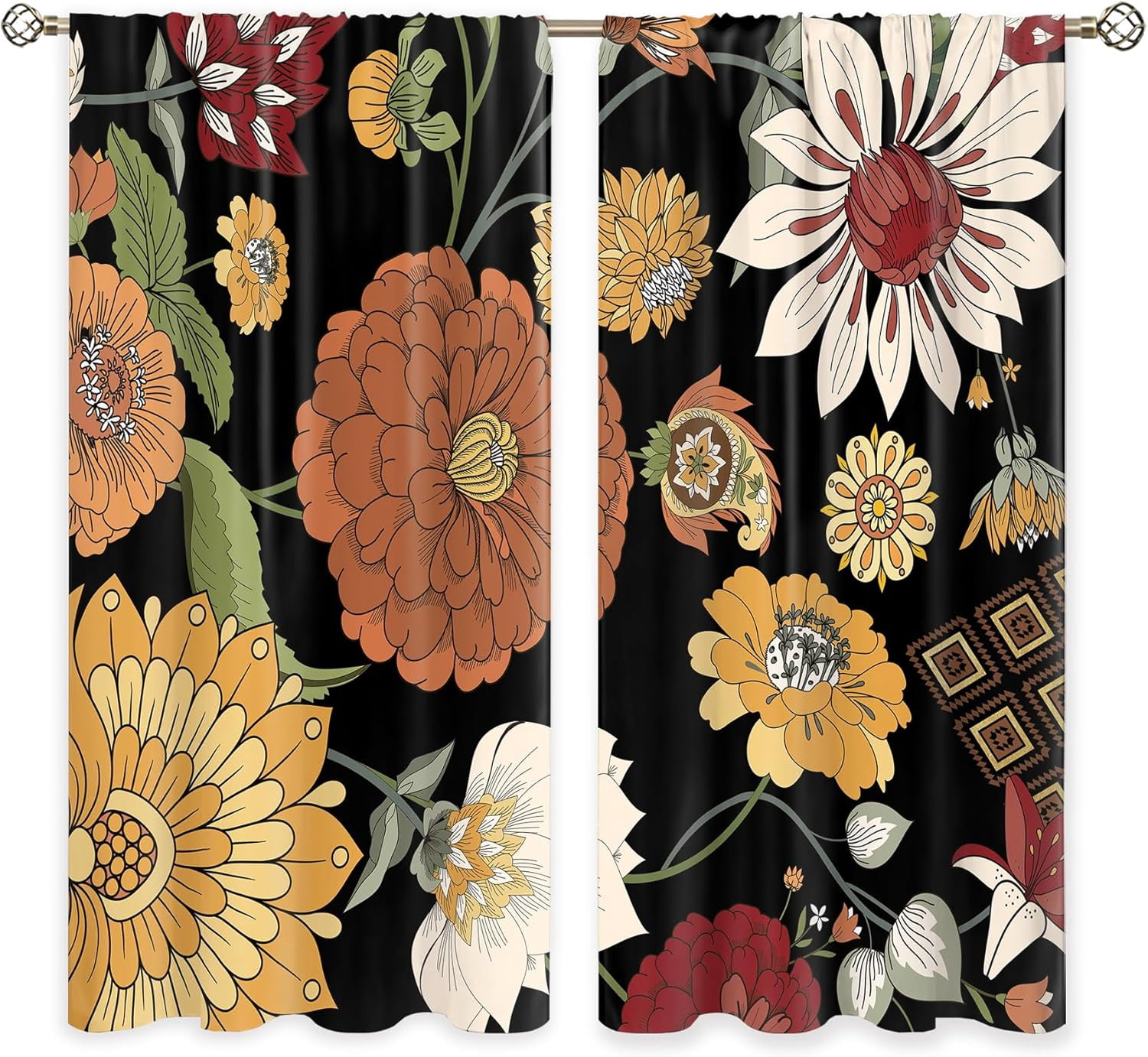 Boho Floral Window Curtains Black Bohemian Flower Botanical Rod Pocket Mid Century Modern Abstract Leaves Curtain Drapes Herb Curtains for Bedroom Living Room Treatment 2 Panels 42Wx63H Inch
