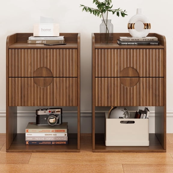 Fluted Nightstand Set of 2, Mid Century Bedside Tables with Drawer & Storage, Small End Tables for Bedroom, Walnut