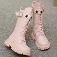 thumbnail image 5 of Lovzfmll Boots for Boys Girls, Star Lace Up British Style Mid Calf Boots, Round Toe Chunky Heel Leather Cowboy Winter Shoes for Kids 9-9.5 Years, Pink, 5 of 9