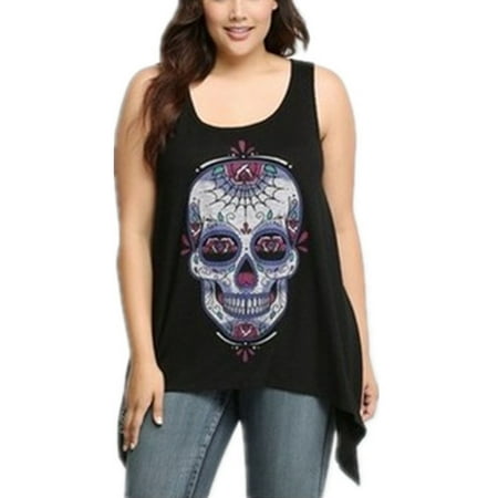Sleeveless Block - Plus Size Irregular Tank Top Sleeveless Skull Print Black Top Cotton Loose Tops