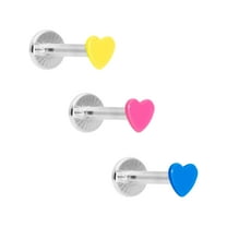 Body Candy 16G Womens 316L Steel 3Pc Pink Yellow Blue Glow Heart Labret Monroe Lip Cartilage Tragus 5/16"
