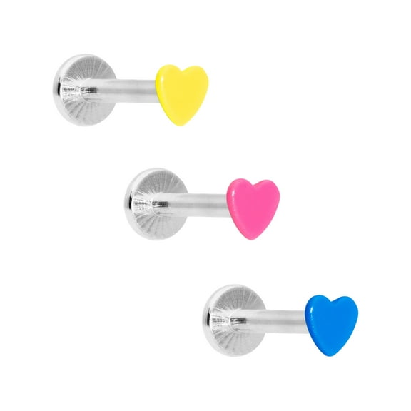 Body Candy 16G Womens 316L Steel 3Pc Pink Yellow Blue Glow Heart Labret Monroe Lip Cartilage Tragus 5/16"