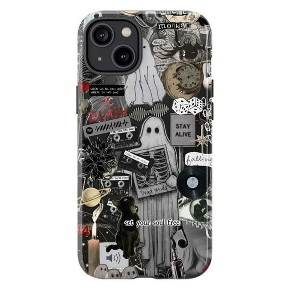 Haunted Memories Collage iPhone Case – Skeletons, Clocks & Moody Dark Halloween Art, Phone Protective Cover for iPhone 16 15 14 13 12 11 Mini Pro Max