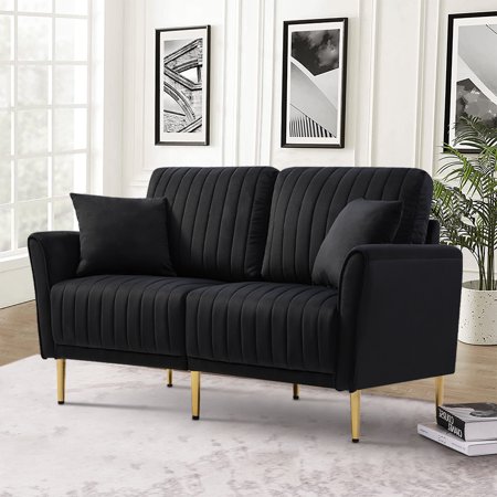 KAMIDA Modern Loveseat, Velvet Upholstered Small Sofa with 2 Pillows, Mid-Century 2-Seat Loveseat with 6 Metal Legs, Heavy Duty Loveseat Furniture for Living Room Apartment Dorm, Black