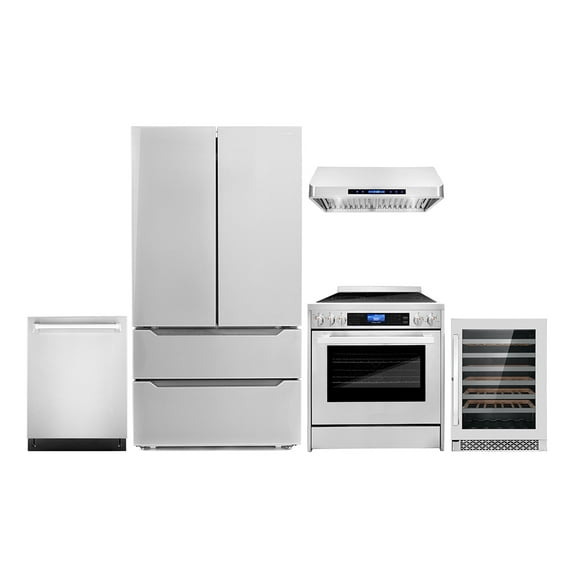 Cosmo 5 Piece Kitchen Appliance Packages with 30" Freestanding Electric Range 30" Under Cabinet Range Hood 24" Built-in Integrated Dishwasher French Door Refrigerator & 48 Bottle Wine Refrigerator