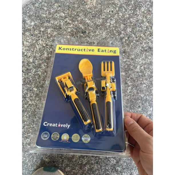 Juego de tres piezas de vajilla para niños con pala excavadora, pala, horquilla y plato