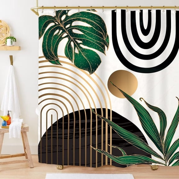 Abstract Emerald Green Shower Curtain Set 71Wx71H Inches Mid Century Modern Minimalist Tropical Leaves Geometric Contemporary Polyester Waterproof Bathroom Curtain with 12 Hooks