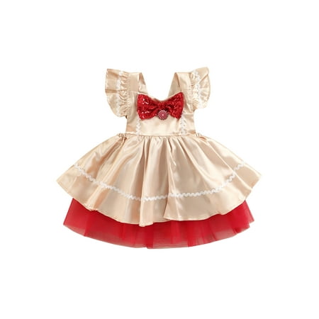 

GuliriFei Kids Toddler Girl Christmas Mesh Dress Contrast Color Sequin Bow Flying Sleeves Xmas Party Princess Dress