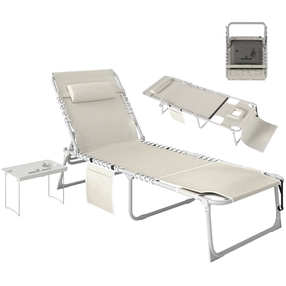 Chaise Lounge Chair with Side Table, 5-Position Adjustable Folding Outdoor Sun Lounger, Breathable Mesh and Steel, Beige