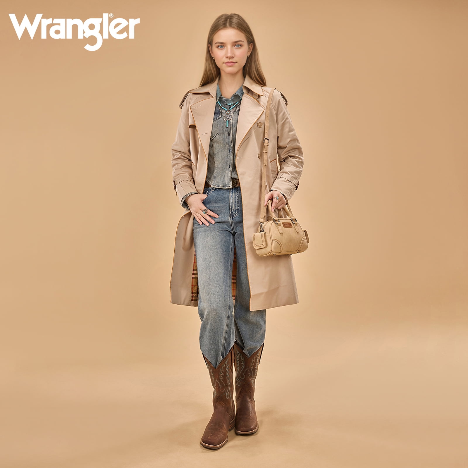 Wrangler Small Crossbody Purses for Women Boston Barrel Bag Mini Top Handle Bags with Crossbody Strap, Tan