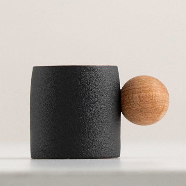 FcBaudy Rough Pottery Mini Cute Small Tea Cup Wooden Ball Handle Coffee Cup Exquisite Retro Fresh Small Cups Ceramics Coffee cup