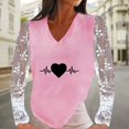 thumbnail image 3 of Women Spring Summer Soft Retro V-neck Lace Edge Printing Long Sleeve 95%Polyester,5%Spandex Splice Top(Pink,M), 3 of 5