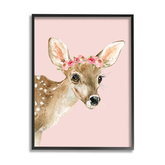Stupell Industries Baby Deer Flower Crown Animals & Insects Painting Black Framed Art Print Wall Art, 11 x 14