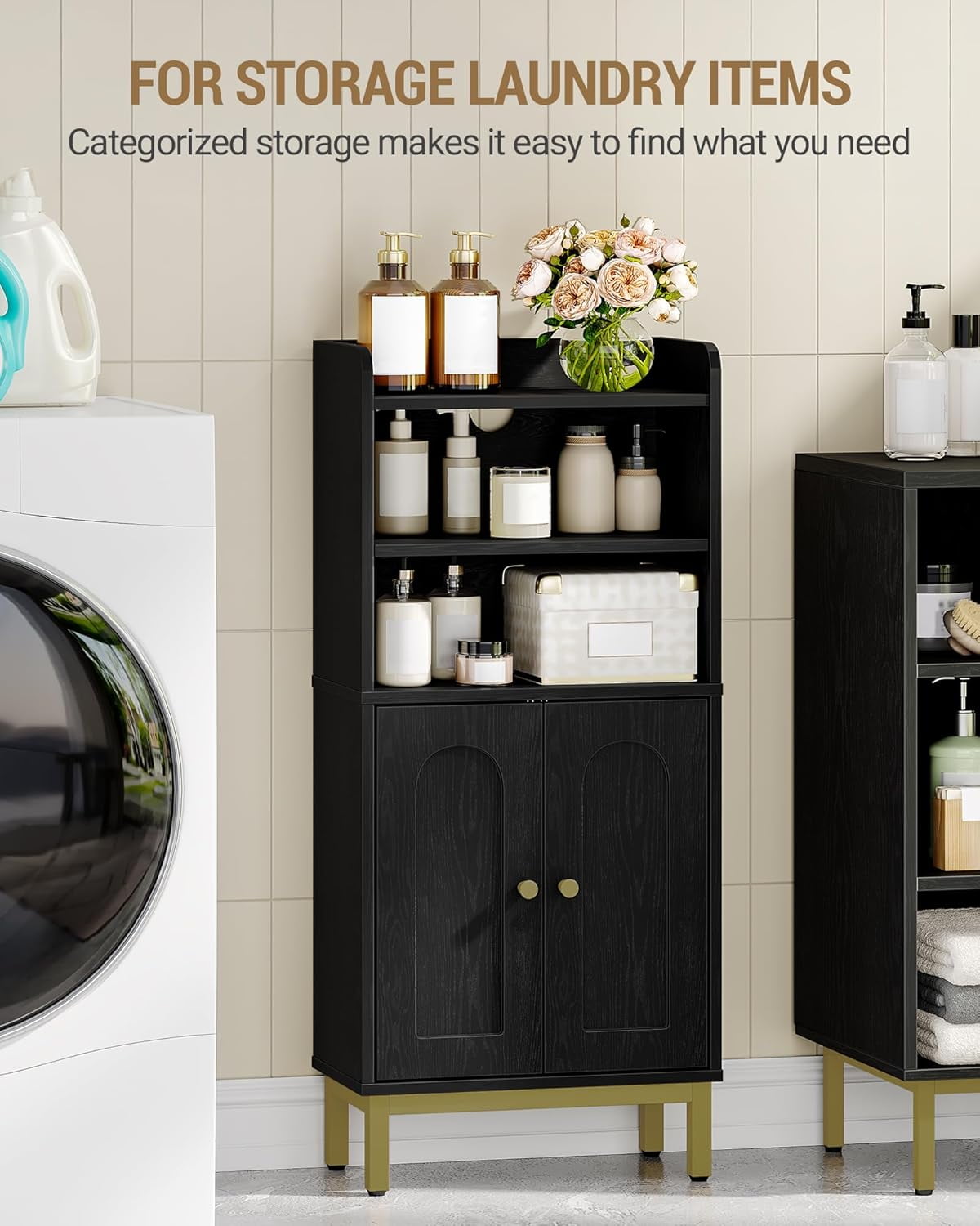 Bathroom Storage Cabinet, Small Floor Cabinet with 2 Door and Shelves, Toilet Paper Cabinets, Bathroom Organizer with Adjustable Shelf, for Small Spaces Black 7.9" D x 14.6" W x 32.7" H