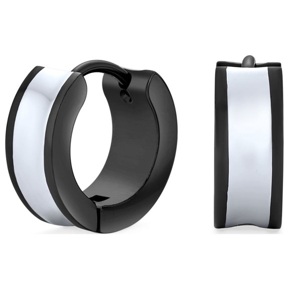 Bling Jewelry Mens Unisex Two Tone Striped Black Enamel Huggies Mini Hoop Earrings Stainless Steel