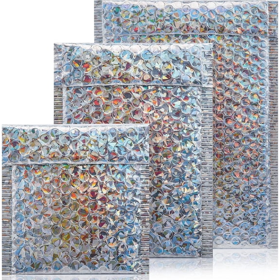 50 Pieces Holographic Bubble Mailers,3 Sizes Metallic Bubble Mailers,Sliver Foil Glitter Padded Envelopes,Self Sealing Waterproof Shipping Bags,Cushion Envelopes for Mailing Packing