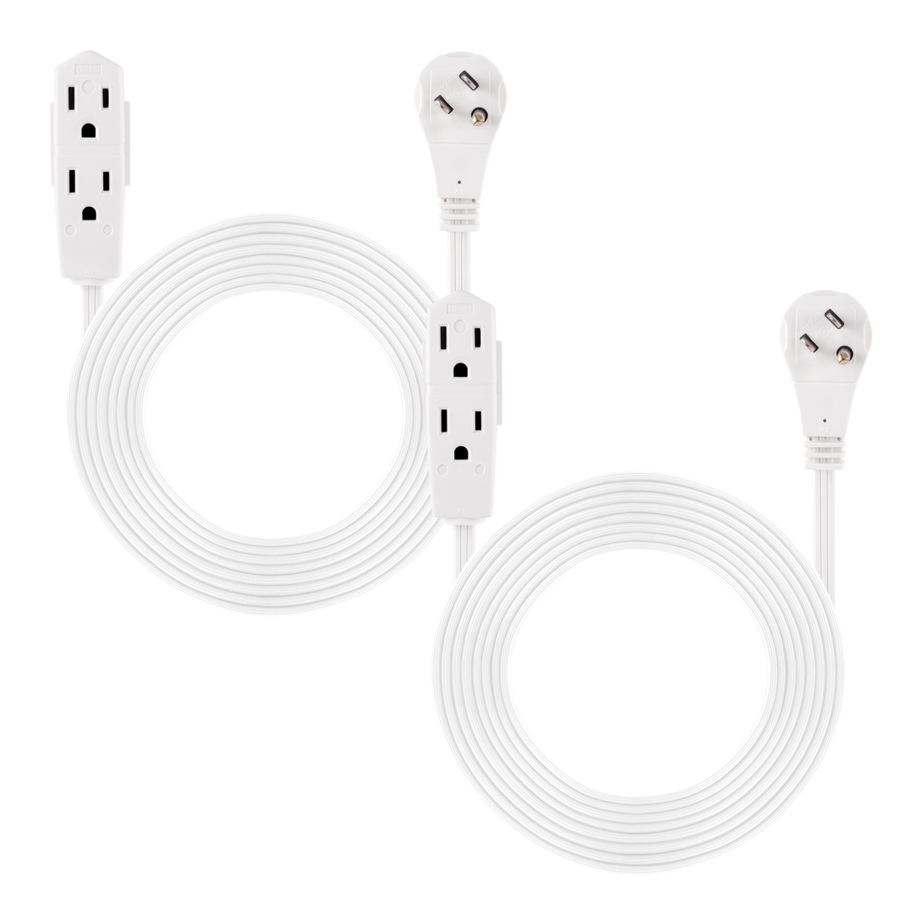GE 3-Outlet Grounded Cord, 15ft., Right Angle Plug, White, 2pk, 56986