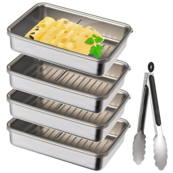 4 PCS Cheese Containers for Fridge, Stainless Steel Deli Meat Containers with Food Tong, 27 oz Bacon Storage Box, Stackable Lunch Meat Container for Refrigerator Pantry Countertop, Dishwasher Safe