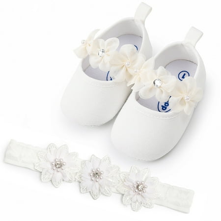 

2pcs Newborn Baby Girl Princess Soft Soled Infants Toddler Shoes Wedding Flower Girl Dress the First Communion Flat Shoes with Flower Belt
