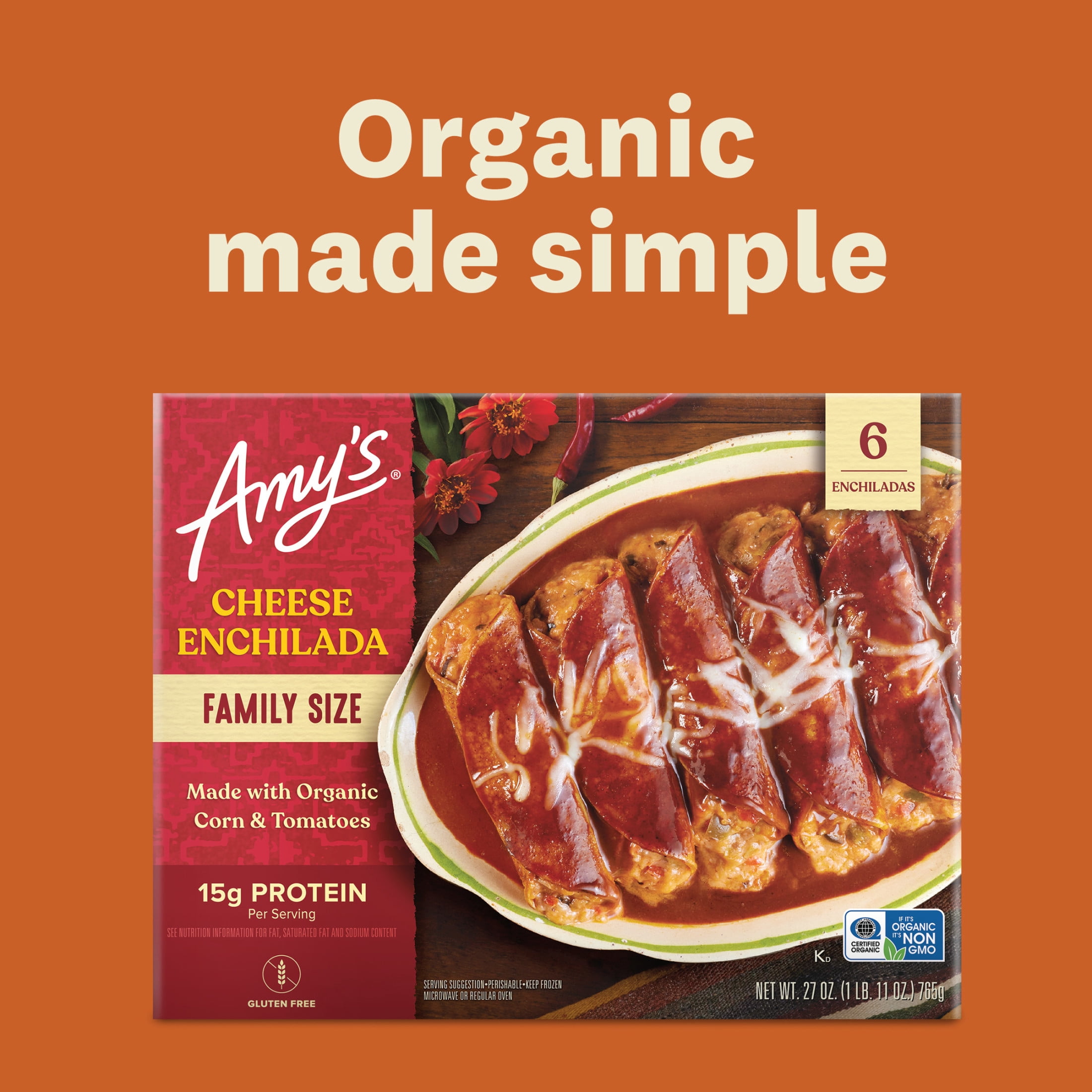 Amy's Frozen Meal, Family Size Cheese Enchilada, Made With Organic Corn and Tomatoes, Gluten Free Microwave Meal, 27 Oz