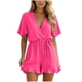 thumbnail image 3 of VBVC Women's Wrap V-Neck Drawstring Romper , Ladies' Ruffle Short Sleeve Jumpsuit , Casual Summer Playsuit For Women,Hot Pink,S-3XL, 3 of 8
