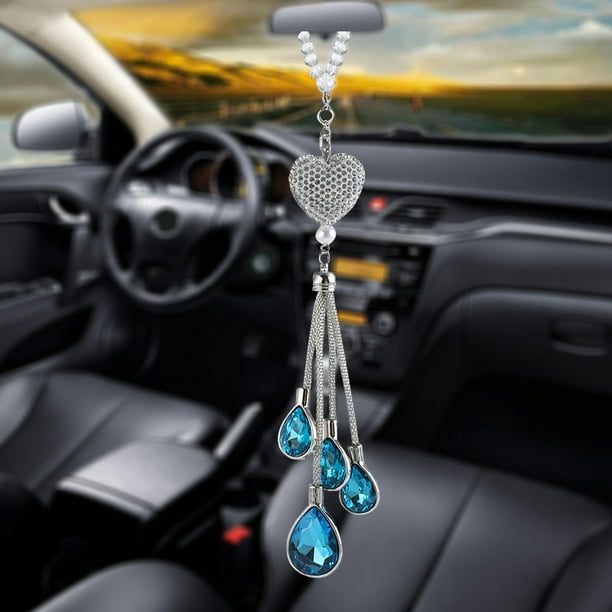 Pendentif coeur en strass pour rétroviseur de voiture - 1 pièce bleu -  Décoration porte-bonheur pour l'intérieur de la voiture - Pendentif féminin  