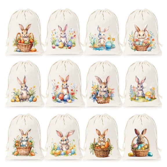 PEIBang 12 Pcs Easter Candy Bag,Cute Bunny Drawstring Gift Bag Colorful Rabbit Pouches Sacks for Easter Party Favors Cookies Candy Chocolate Hunt Stuffer