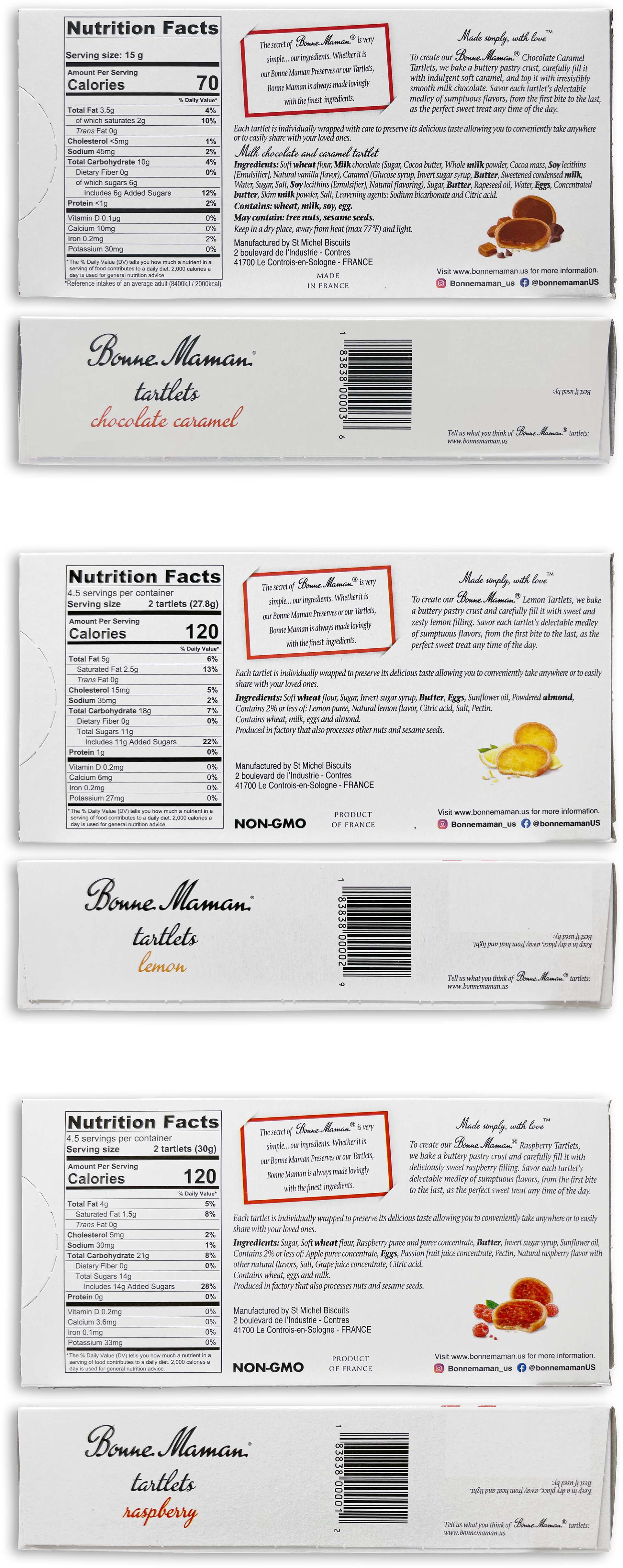 Bonne Maman Baked Tartlets - 3 Flavors - 1 Each: Chocolate Caramel, Raspberry, Lemon (4.41-4.76 oz) + MerlinsMart Zine