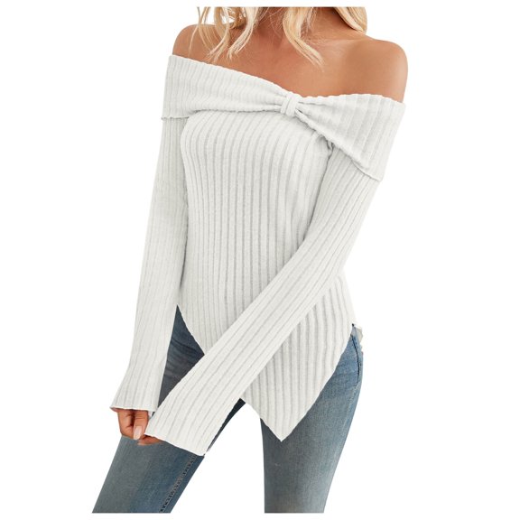 Womens Plain Tshirts Long Sleeve Going Out Tops for Women Fall Elegant White Off The Shoulder Sweater Design Knitted Blouses Dressy Casual White XL