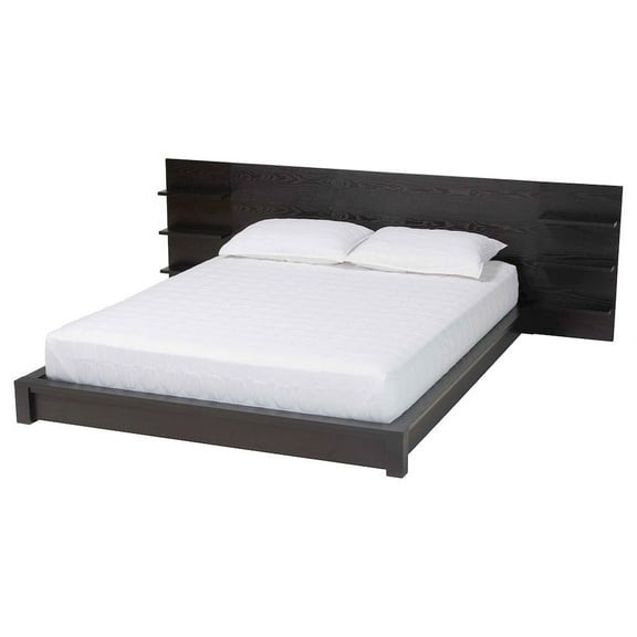 Baxton Studio Elina Black Wood Queen Size Platform Bed with Built-In Shelves
