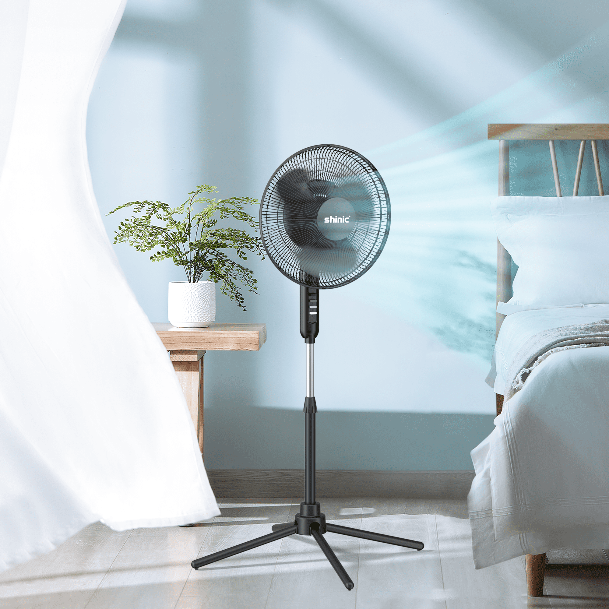 Shinic 16" 3-Speed Oscillating Pedestal Fan with Folding Base, Adjustable Height and Tilt,41"- 47", Black