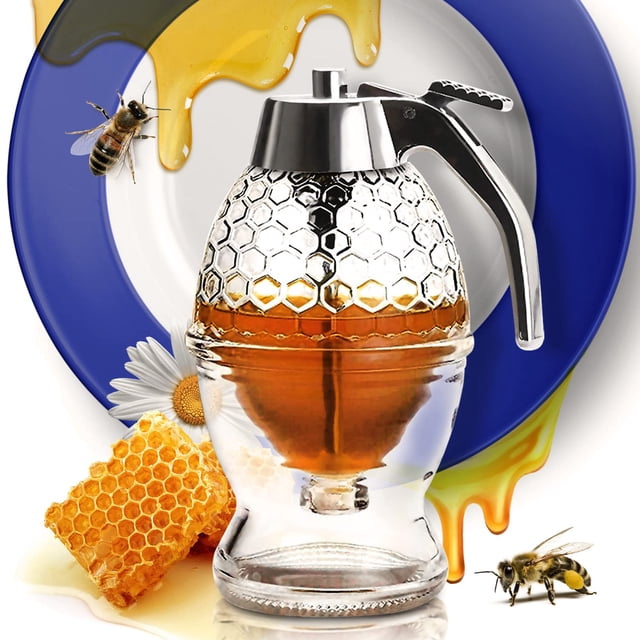 CLEVLI Distributeur de Miel & Verre Anti-Goutte avec Support & Pot à Miel & Récipient en Verre Transparent avec Trempette 8 Oz & Distributeur de Sirop d'Érable &