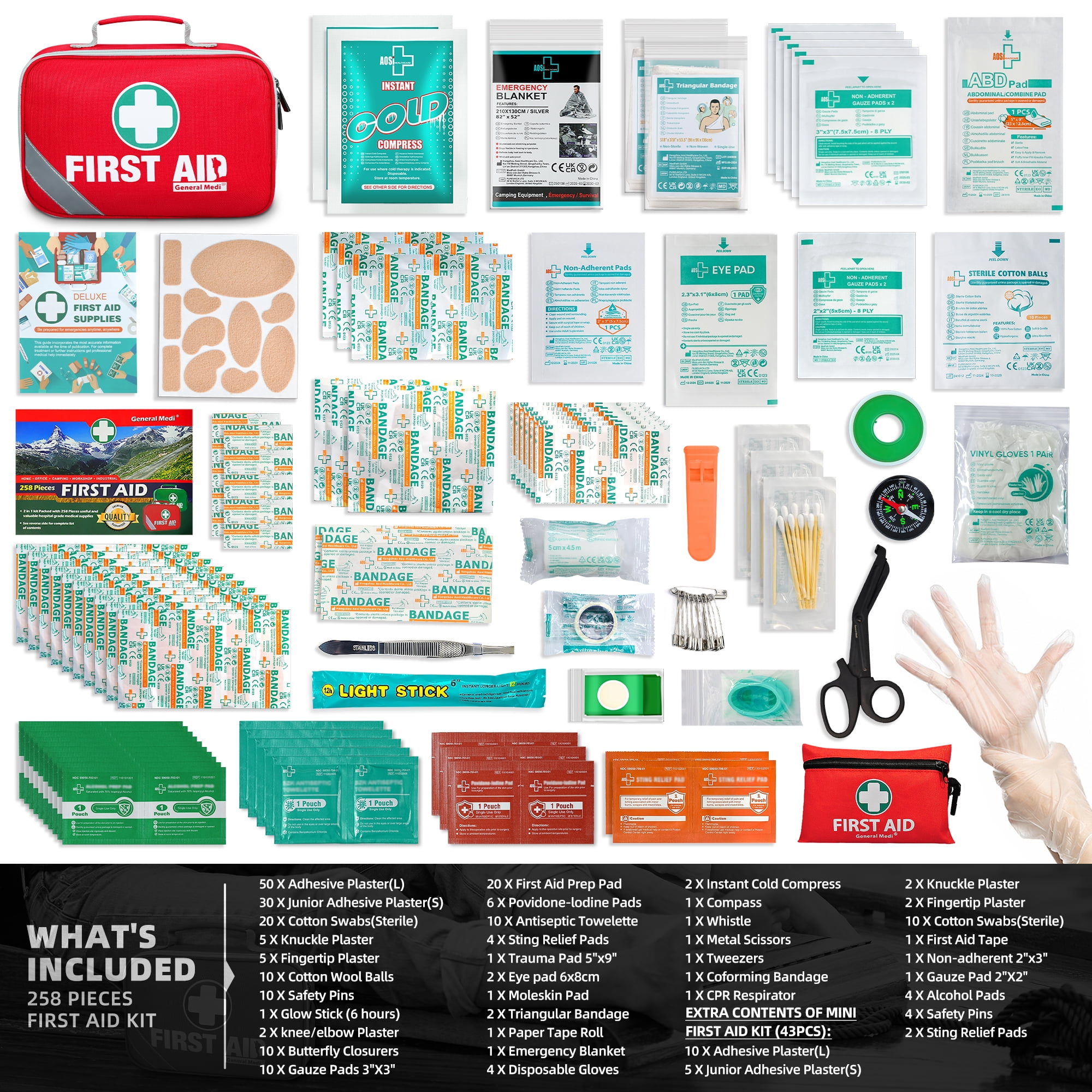 General Medi First Aid Kit 215-Piece 2-in-1 with Bonus 43-Piece Mini Kit Includes Eyewash Cold Pack Moleskin Pads Emergency Blanket - Ideal for Home Travel Car Office Camping