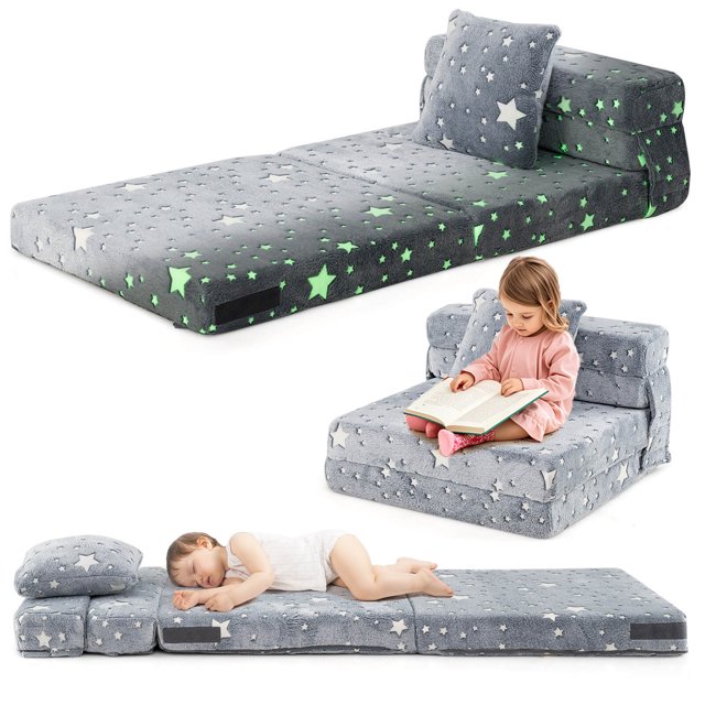 Costway Canapé-Lit Pliant pour Enfants Matelas de Sol avec Coussin Décoratif et Housse Lavable à la Machine Gris