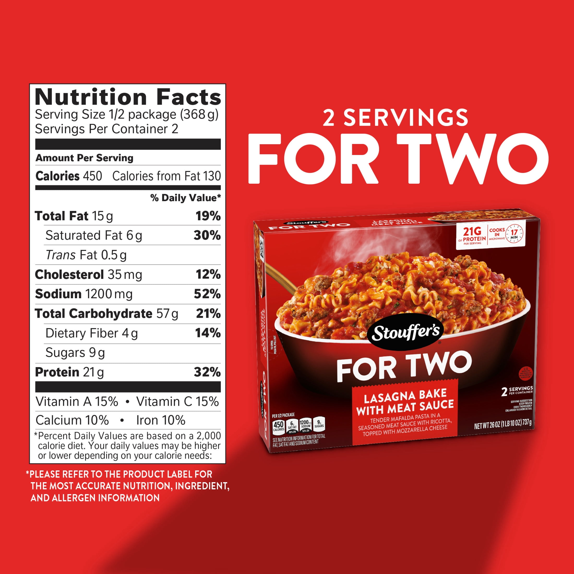 Stouffer’s For Two Lasagna Bake with Meat Sauce, Dinner For Two, Easy Frozen Meals 1.625 lb.