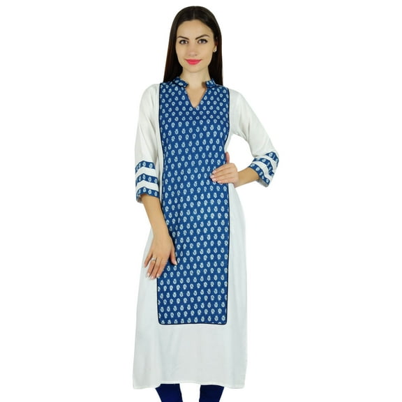Bimba Women Blue Cotton Long Straight Kurta Kurti Casual Blouse Summer Wear