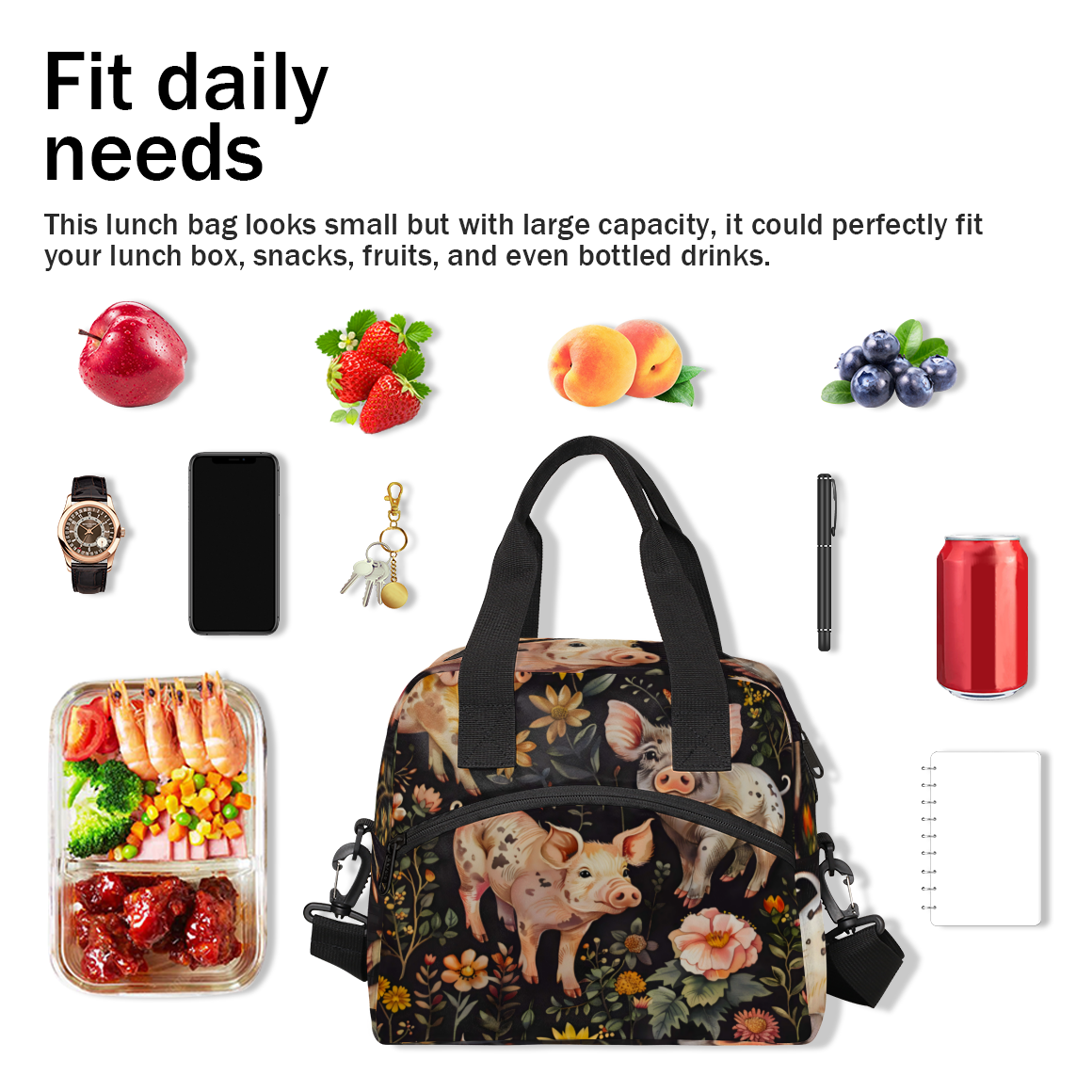 Herdesigns Floral Pig Animal Insulated Lunch Bag for Women Men Adults Large Reusable Lunch Box Leakproof Portable Cooler Tote Bags with Adjustable Shoulder Strap