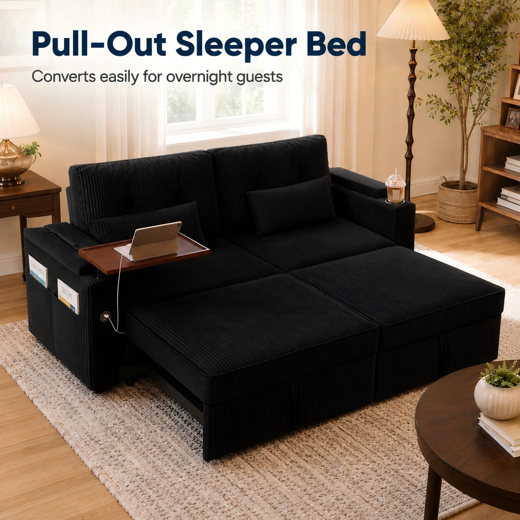 Aenkyo 73" Pull Out Sofa Bed, 3-in-1 Queen Sleeper Sofa with USB, Cup Holders and Storage, Black