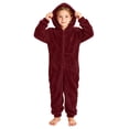thumbnail image 2 of Cethrio Girls Fleece One-piece Pajamas, Hooded Long Sleeve Warm Full Zip Winter Loungewear Jumpsuit Size 9-10 Years Wine, 2 of 5