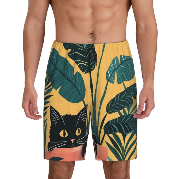 Fotbe Cat Hiding In Potted Plants Pantalones Cortos de Pijama para Hombre, Ropa de Dormir, Pantalones de Pijama Cortos para Hombre-Small