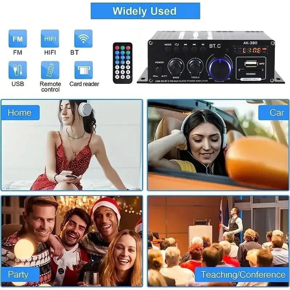 800W 2-Channel Bluetooth Mini HiFi Power Amplifier Stereo Amp for Home and Car Audio, FM Radio Compatible, Compact High-Power Audio Amplifier, Portable Music Player Sound System