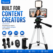 Acuvar Vlogging Kit For iPhone Android And Cameras With Wireless Microphone, 50 Inch Tripod, LED Light And Remote For Streaming And Content Creation