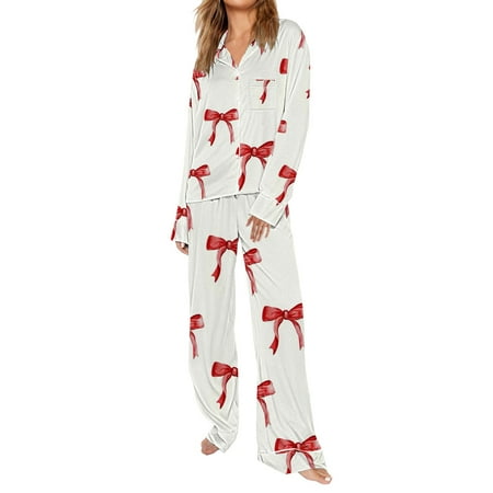 VISALY Womens Valentines Pjs Bow Button Down Sleepwear Lounge Set Nightwear Pajama Sets Sleepwear Women Women s Sleepwear Sets Comfortable Pajamas Sleep Sets Lightweight Pajama Sets for Women Red S