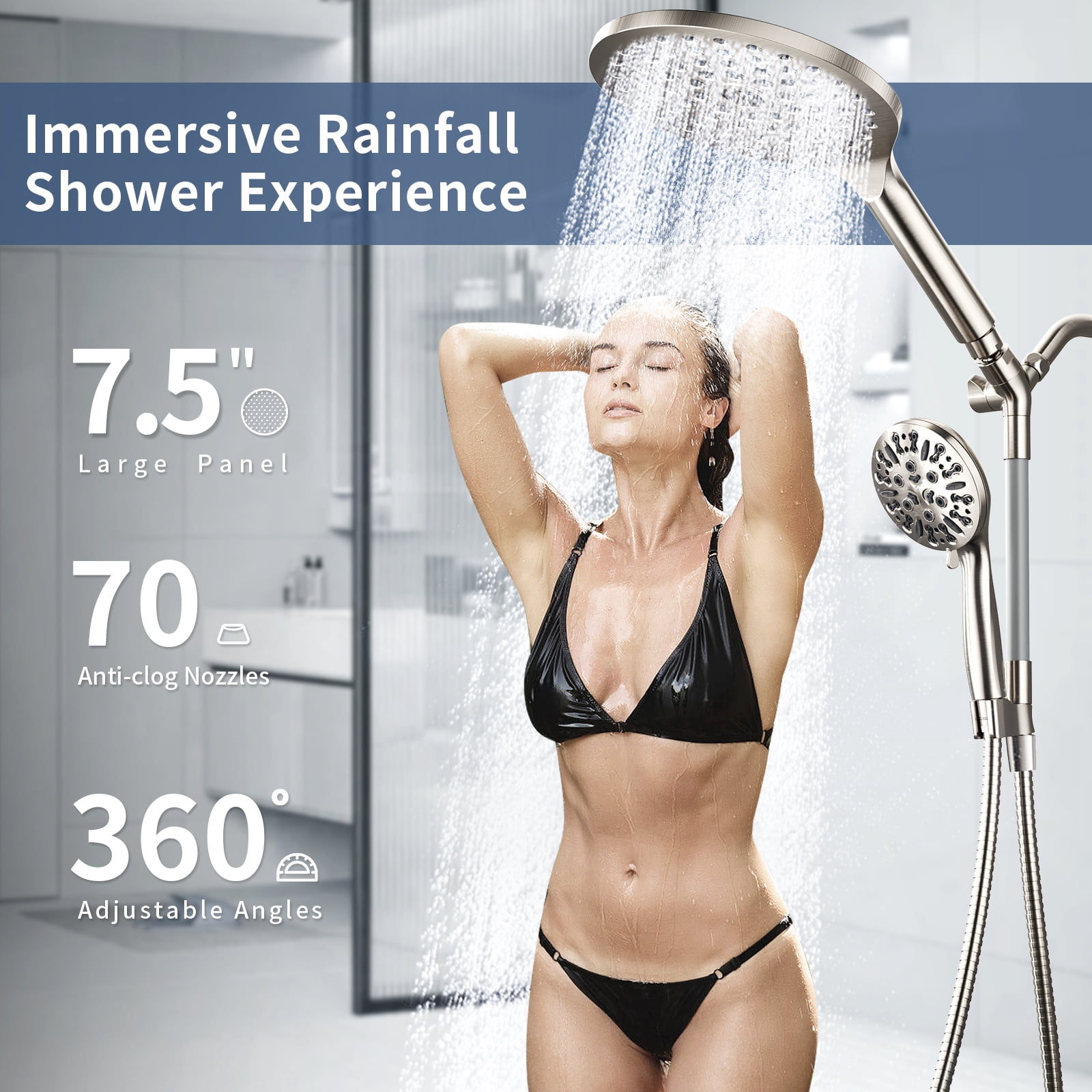 KAIYING Dual Shower Head with Handheld Spray, 9 Modes, Adjustable Angles, 79-Inch Hose, Brushed Nickel