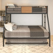 Sysdeal Triple Bed Trundle Bed, Kids Teen Metal Triple Bed with 2 Ladders, Triple Bed Frame with Bedroom Full Safety Railing, No Springs, No Noise, Black 77.17"L x 55.91" W x 66.54" H