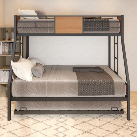 Sysdeal Triple Bed Trundle Bed  Kids Teen Metal Triple Bed with 2 Ladders  Triple Bed Frame with Bedroom Full Safety Railing  No Springs  No Noise  Black 77.17 L x 55.91  W x 66.54  H