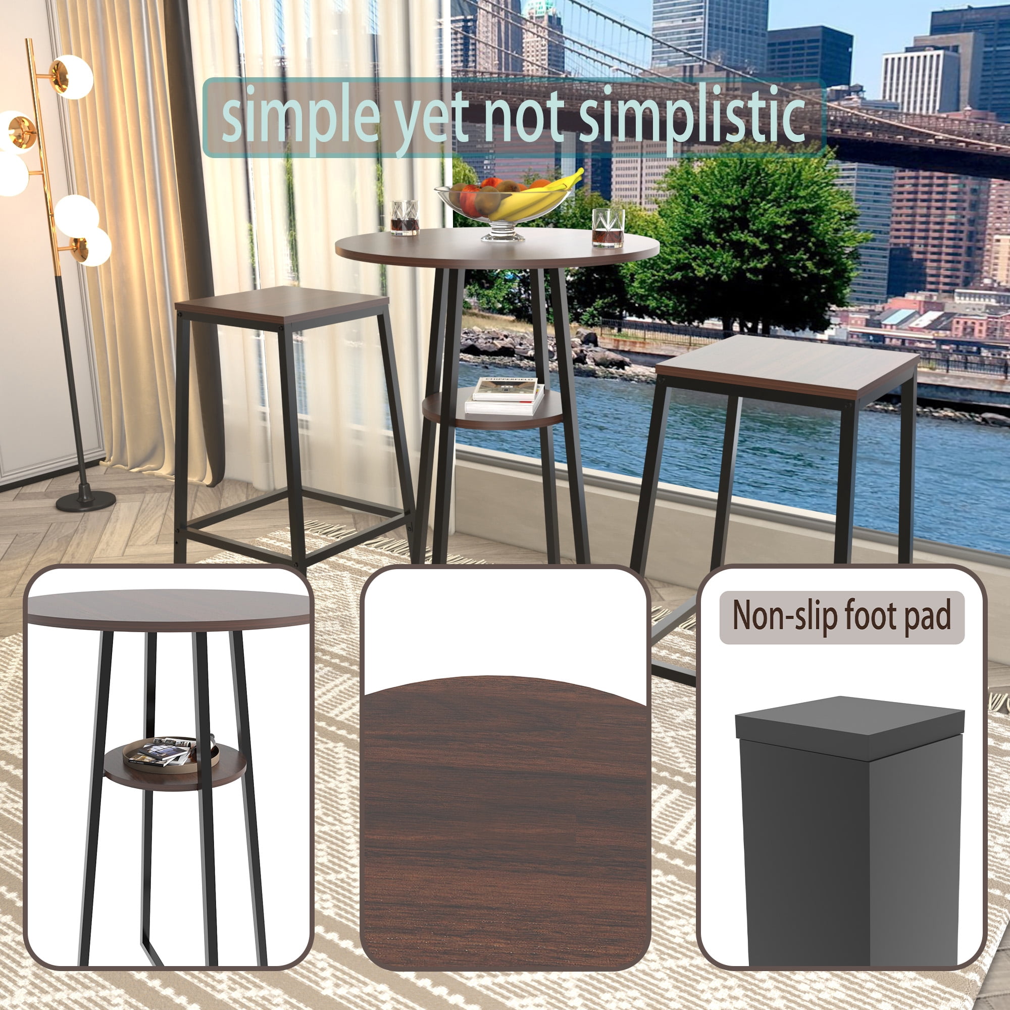 3 Piece Round Counter Height Bar Table Set With 2 Backless Bar Stools, Pub Bistro Table With Middle Storage Shelf, Industrial Wood Frame High Dining Table For Balcony, Kitchen & Small Apartment Home