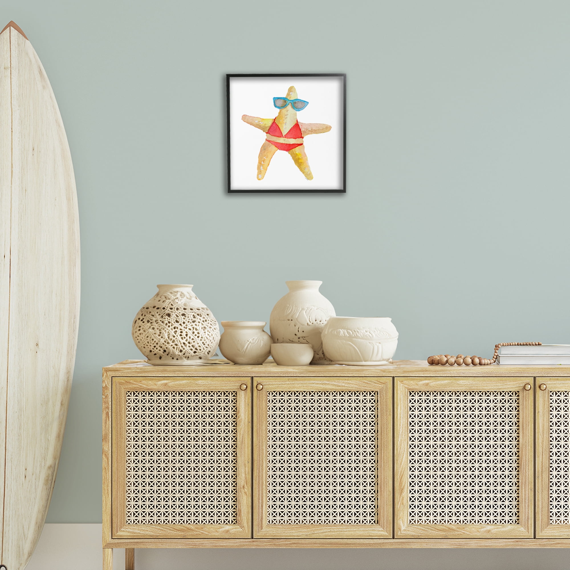 Stupell Industries Fun Swimsuit Starfish Novelty Painting Black Framed Art Print Wall Art, 17 x 17