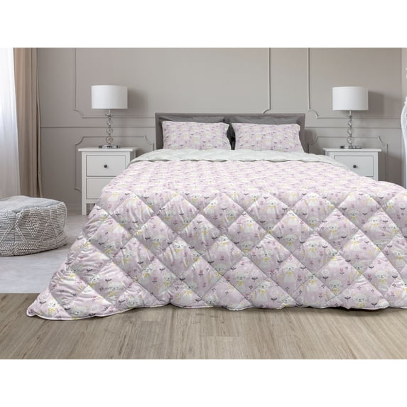 Kitten Comforter & Sham Bedding Set, Flowers Cats with Striped Tails and a Ribbon, 3 pcs Duvet Set Microfiber Filling Quilt, 5 Sizes, Mauve Pale Pink, by Ambesonne