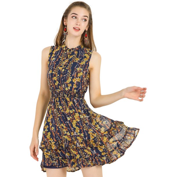 Mini Vestido Floral De Gasa Con Volantes En Niveles Cintura Fruncida A-Línea Para Mujeres Azul Marino S